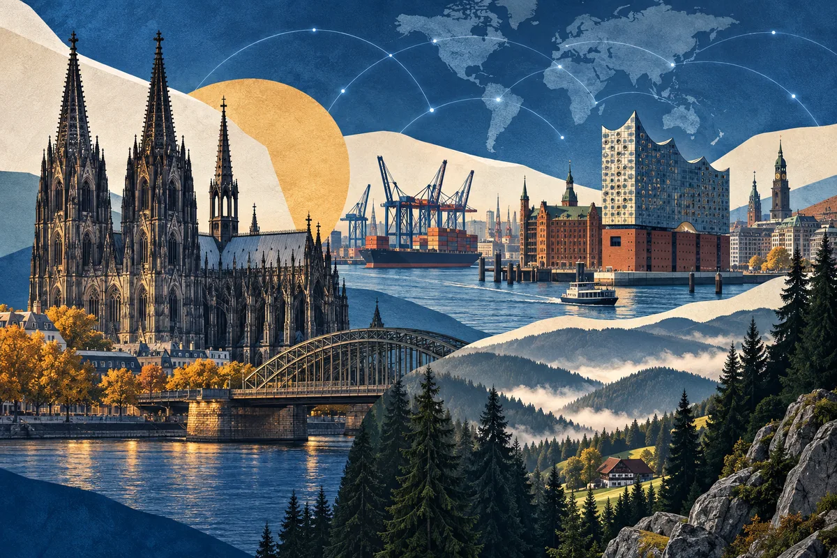 Collage ilustrado de Alemania, inspirado en Cologne Cathedral, Hamburg, Black Forest.
