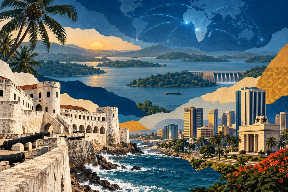 Collage ilustrado de Ghana, inspirado en Cape Coast Castle, Accra, Lake Volta.