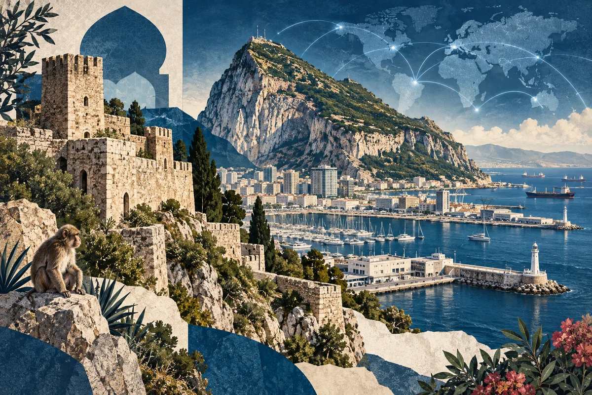 Collage ilustrado de Gibraltar, inspirado en Moorish Castle, Port of Gibraltar, Rock of Gibraltar.