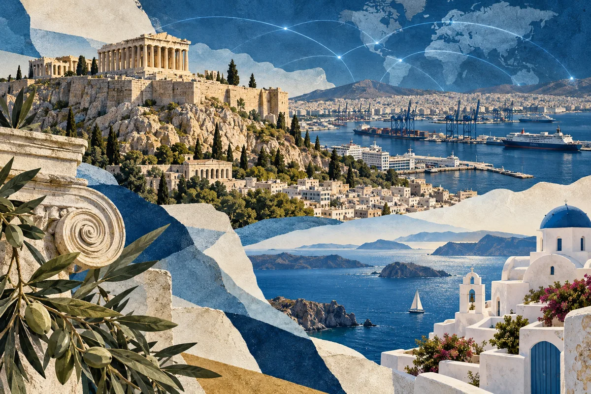Collage ilustrado de Grecia, inspirado en Acropolis of Athens, Piraeus, Aegean Sea.