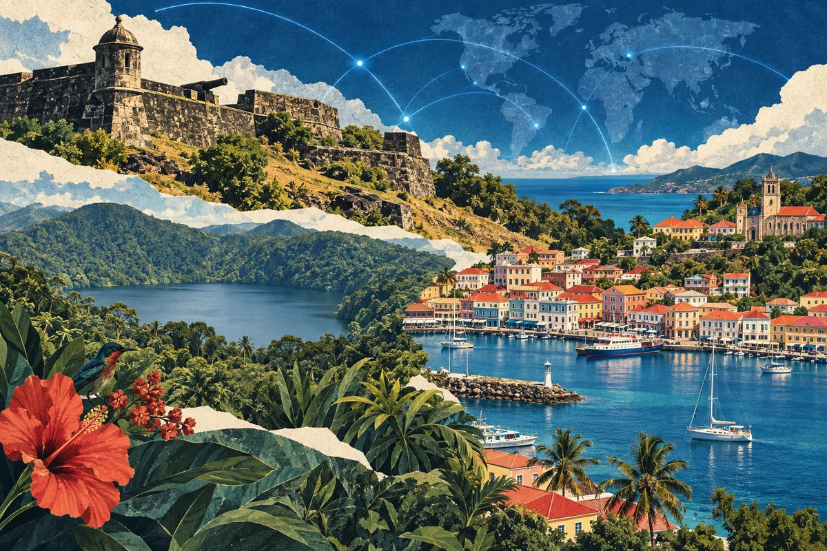 ग्रेनाडा का सचित्र कोलाज, Fort George, Grenada, St. George's, Grenada, Grand Etang Lake से प्रेरित।