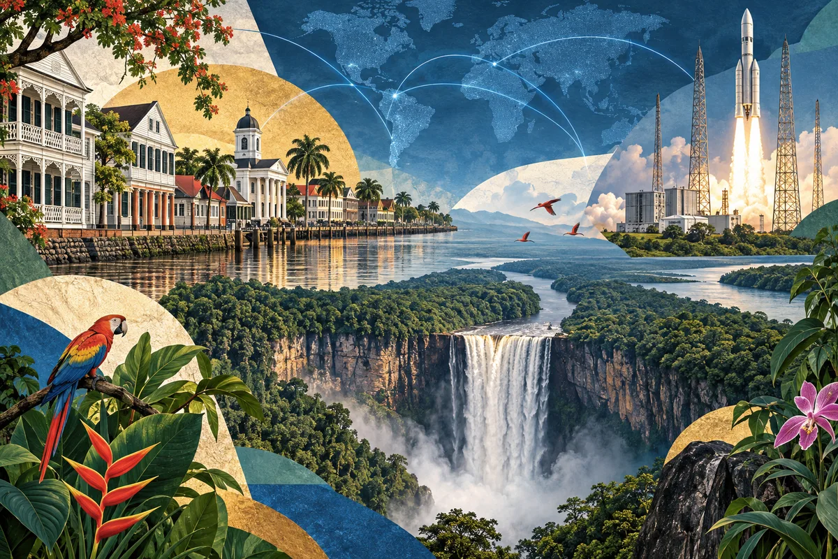 Collage ilustrado de Guyana, Surinam y Guayana Francesa, inspirado en Paramaribo, Guiana Space Centre, Kaieteur Falls.