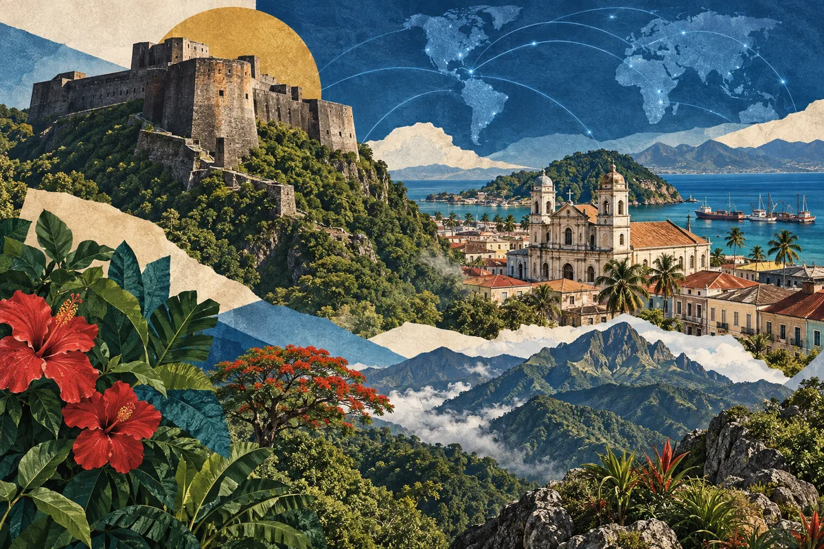 हैती का सचित्र कोलाज, Citadelle Laferrière, Cap-Haïtien, Pic la Selle से प्रेरित।