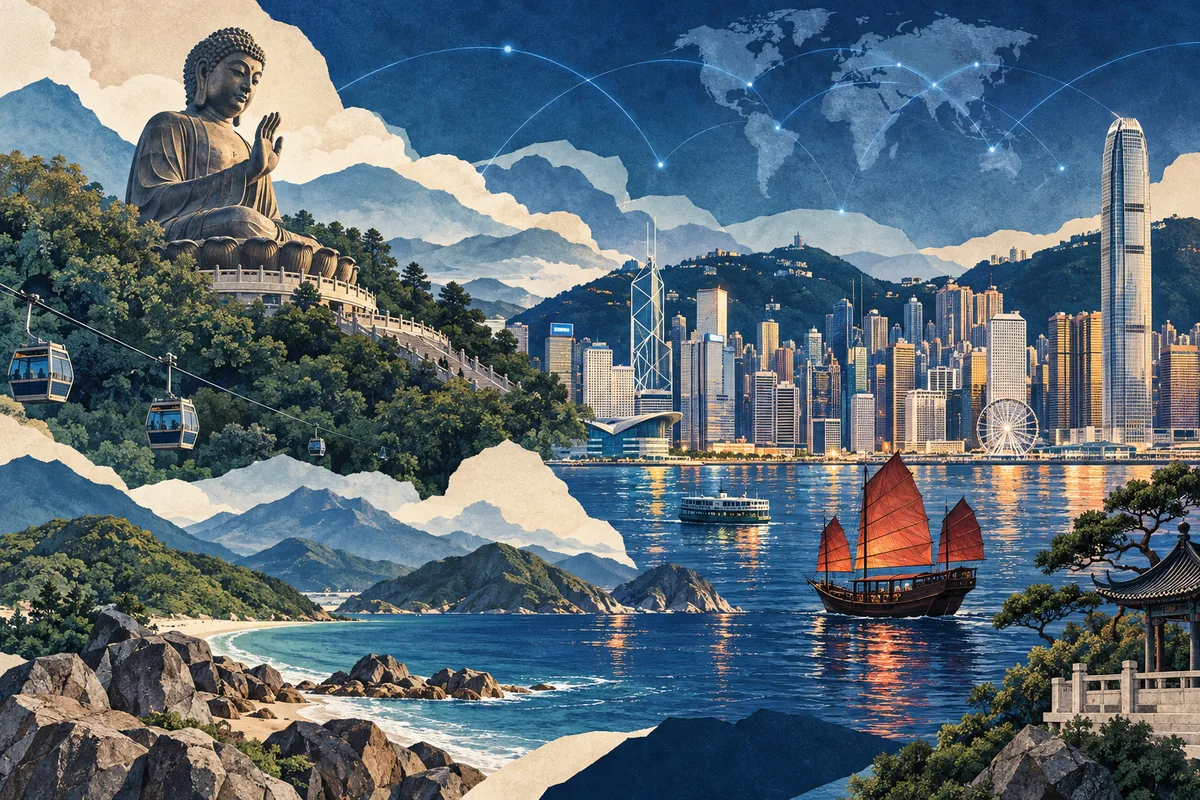 Collage ilustrado de RAE de Hong Kong (China), inspirado en Tian Tan Buddha, Victoria Harbour, Lantau Island.