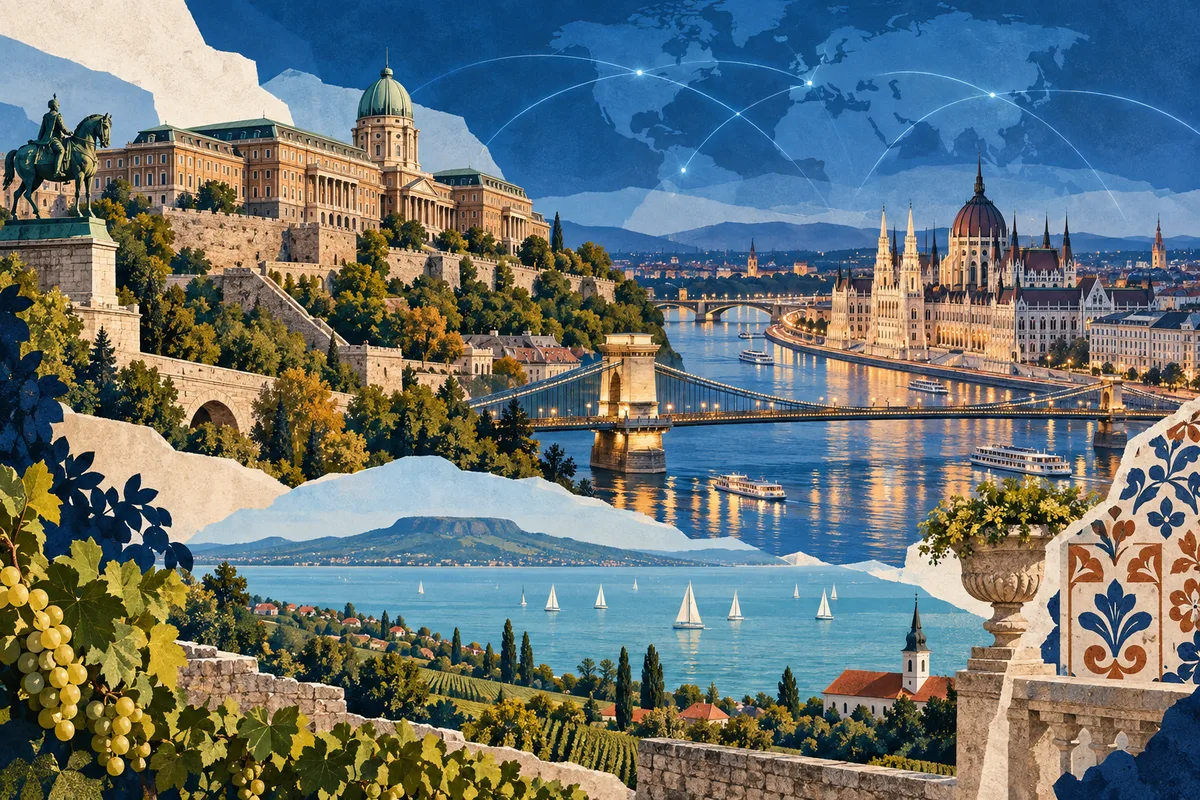 Collage ilustrado de Hungría, inspirado en Buda Castle, Budapest, Lake Balaton.