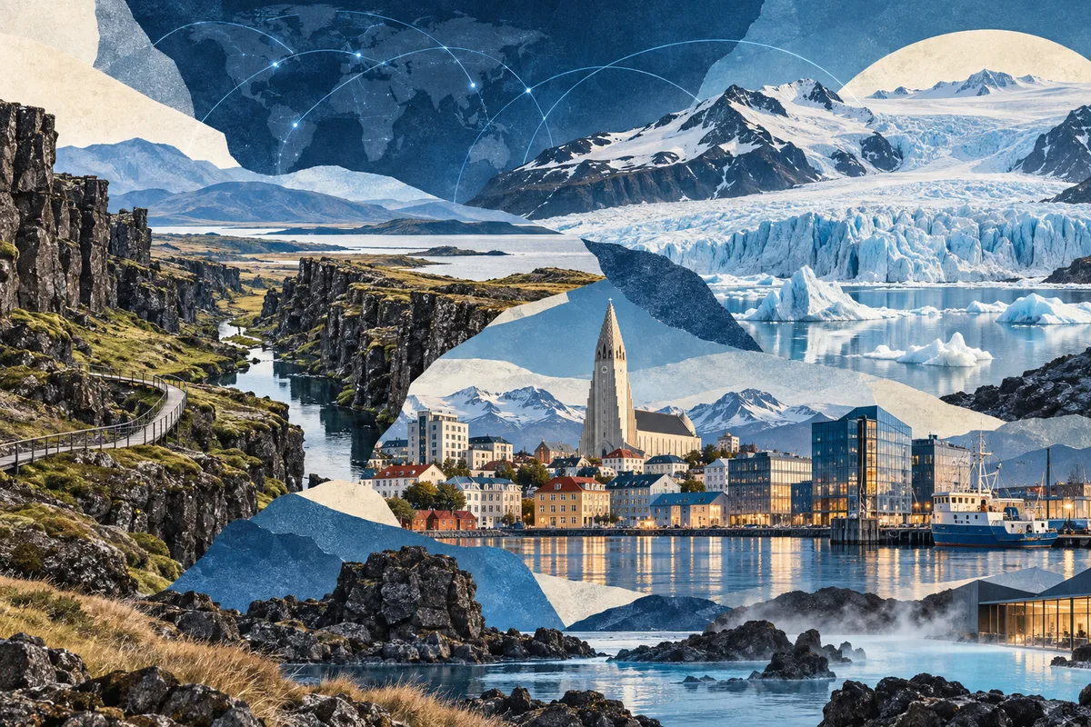 Collage ilustrado de Islandia, inspirado en Þingvellir, Reykjavík, Vatnajökull.