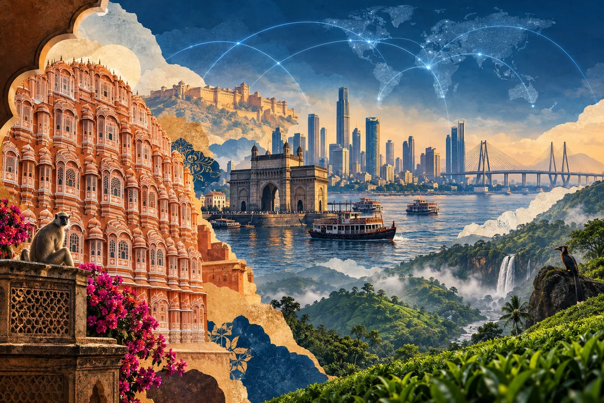 Collage ilustrado de India, inspirado en Hawa Mahal, Mumbai, Western Ghats.