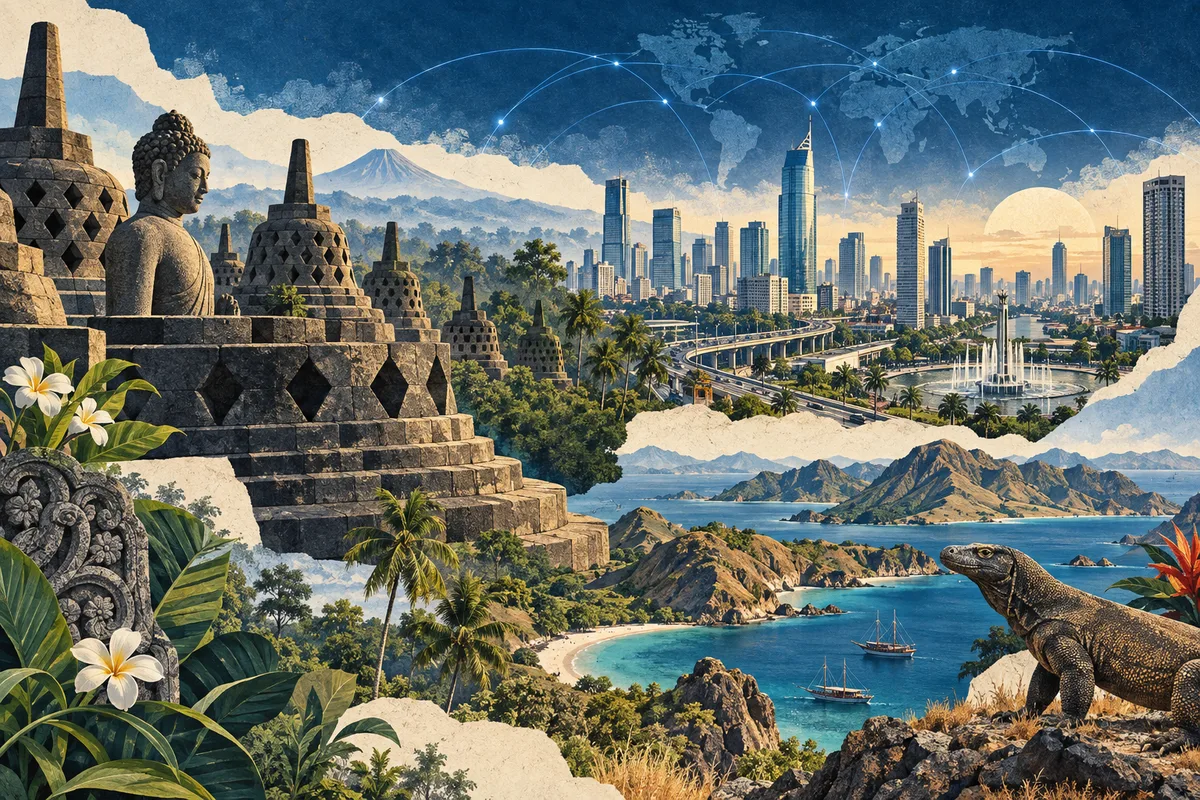 Collage ilustrado de Indonesia, inspirado en Borobudur, Jakarta, Komodo National Park.