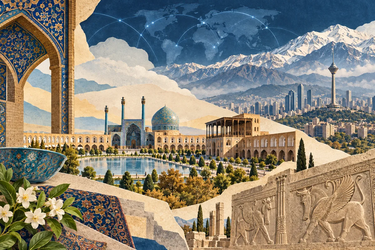 Collage ilustrado de Irán, inspirado en Naqsh-e Jahan Square, Tehran, Alborz.