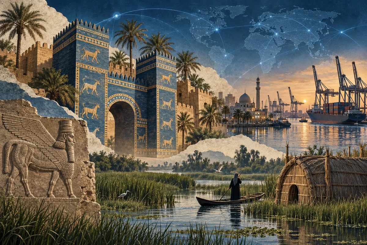 Collage ilustrado de Irak, inspirado en Babylon, Basra, Mesopotamian Marshes.