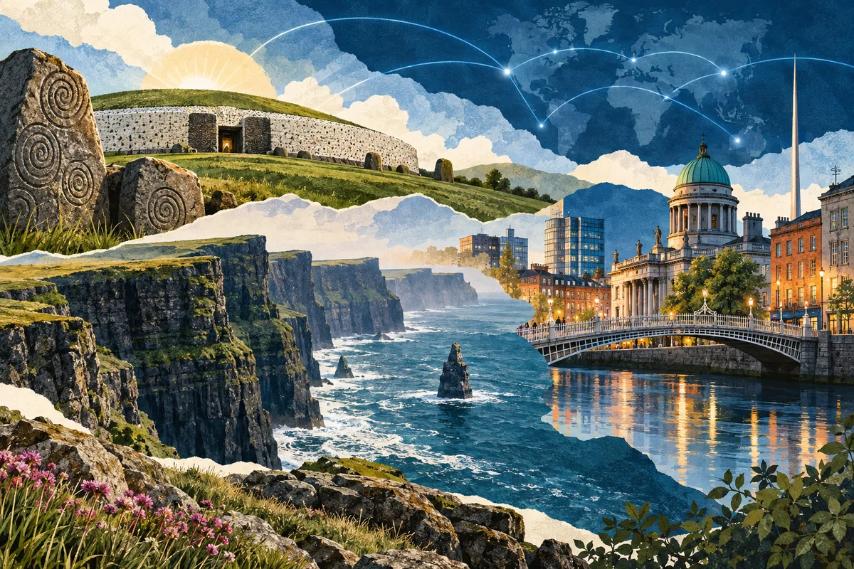Collage ilustrado de Irlanda, inspirado en Brú na Bóinne, Dublin, Cliffs of Moher.