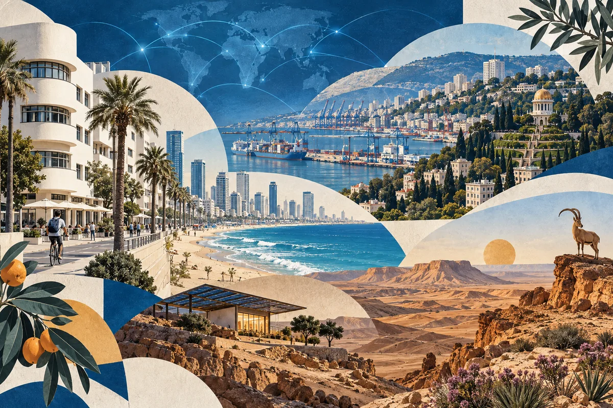 Collage ilustrado de Israel, inspirado en White City (Tel Aviv), Haifa, Negev.