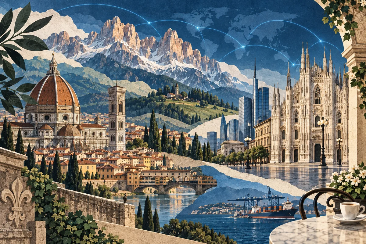 Collage ilustrado de Italia, inspirado en Florence Cathedral, Milan, Dolomites.