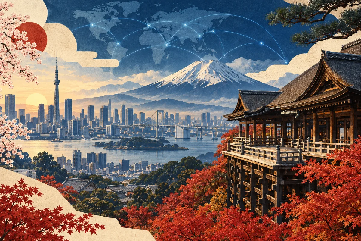 Collage ilustrado de Japón, inspirado en Kiyomizu-dera, Tokyo, Mount Fuji.