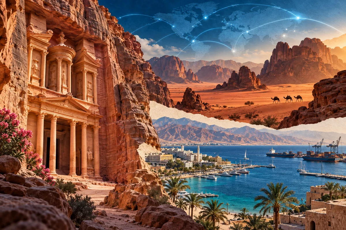 Collage ilustrado de Jordania, inspirado en Petra, Aqaba, Wadi Rum.