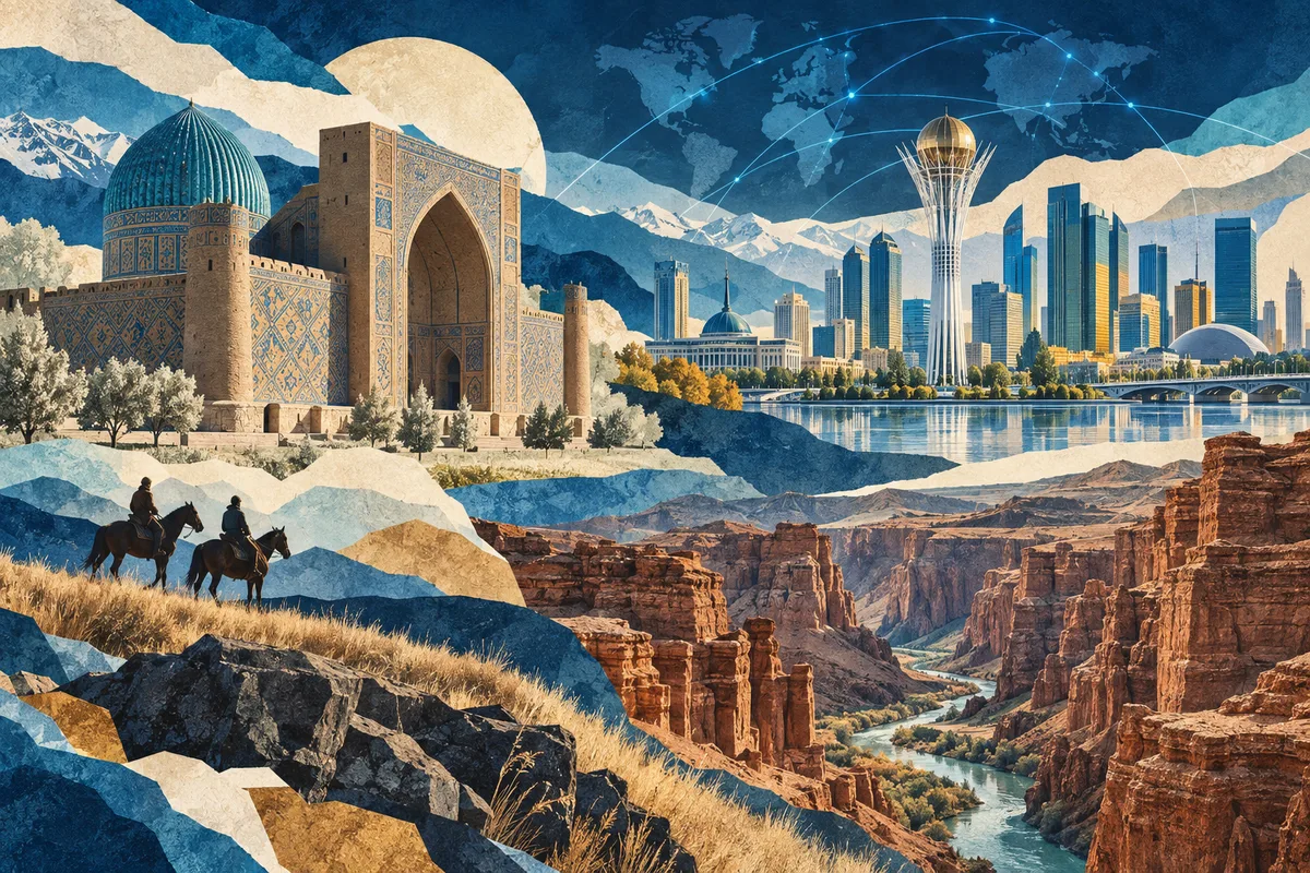 Collage ilustrado de Kazajistán, inspirado en Mausoleum of Khoja Ahmed Yasawi, Astana, Charyn Canyon.