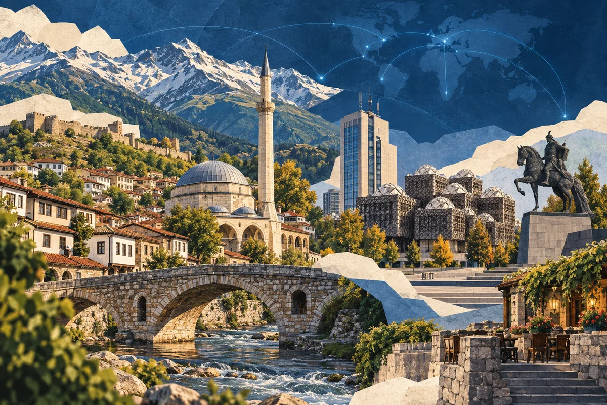 Collage ilustrado de Kosovo, inspirado en Prizren, Pristina, Sharr Mountains.