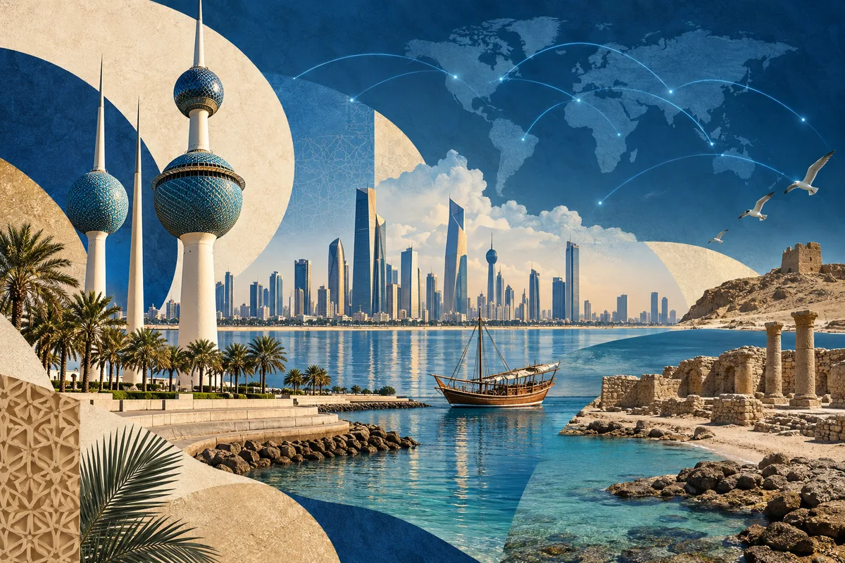 Collage ilustrado de Kuwait, inspirado en Kuwait Towers, Kuwait City, Failaka Island.