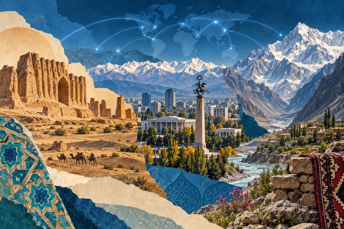 Collage ilustrado de Kirguistán, Tayikistán y Turkmenistán, inspirado en Merv, Bishkek, Pamir Mountains.