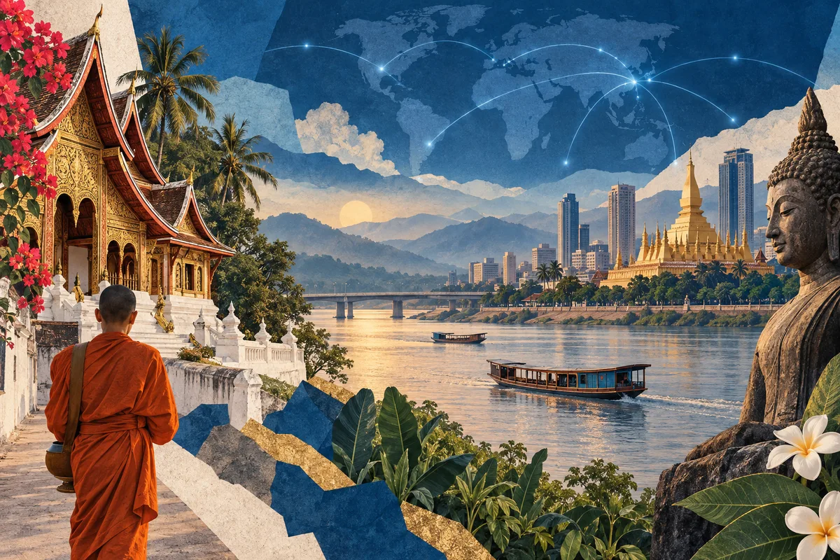 Collage ilustrado de Laos, inspirado en Luang Prabang, Vientiane, Mekong.