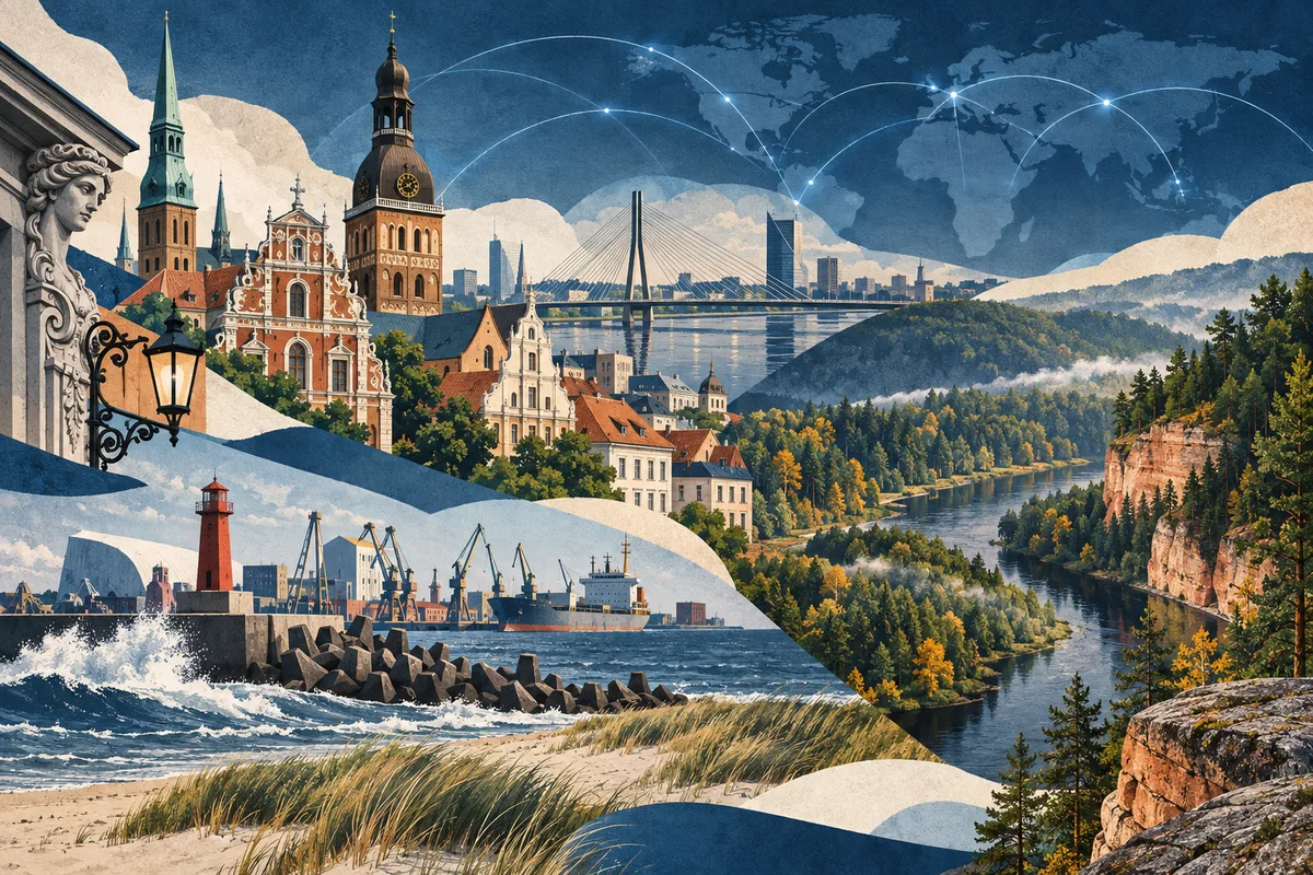 Collage ilustrado de Letonia, inspirado en Riga, Liepāja, Gauja National Park.