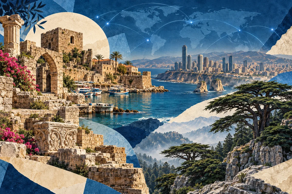 Collage ilustrado de Líbano, inspirado en Byblos, Beirut, Cedars of God.