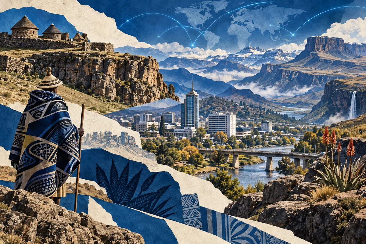 Collage ilustrado de Lesoto, inspirado en Thaba Bosiu, Maseru, Maloti Mountains.