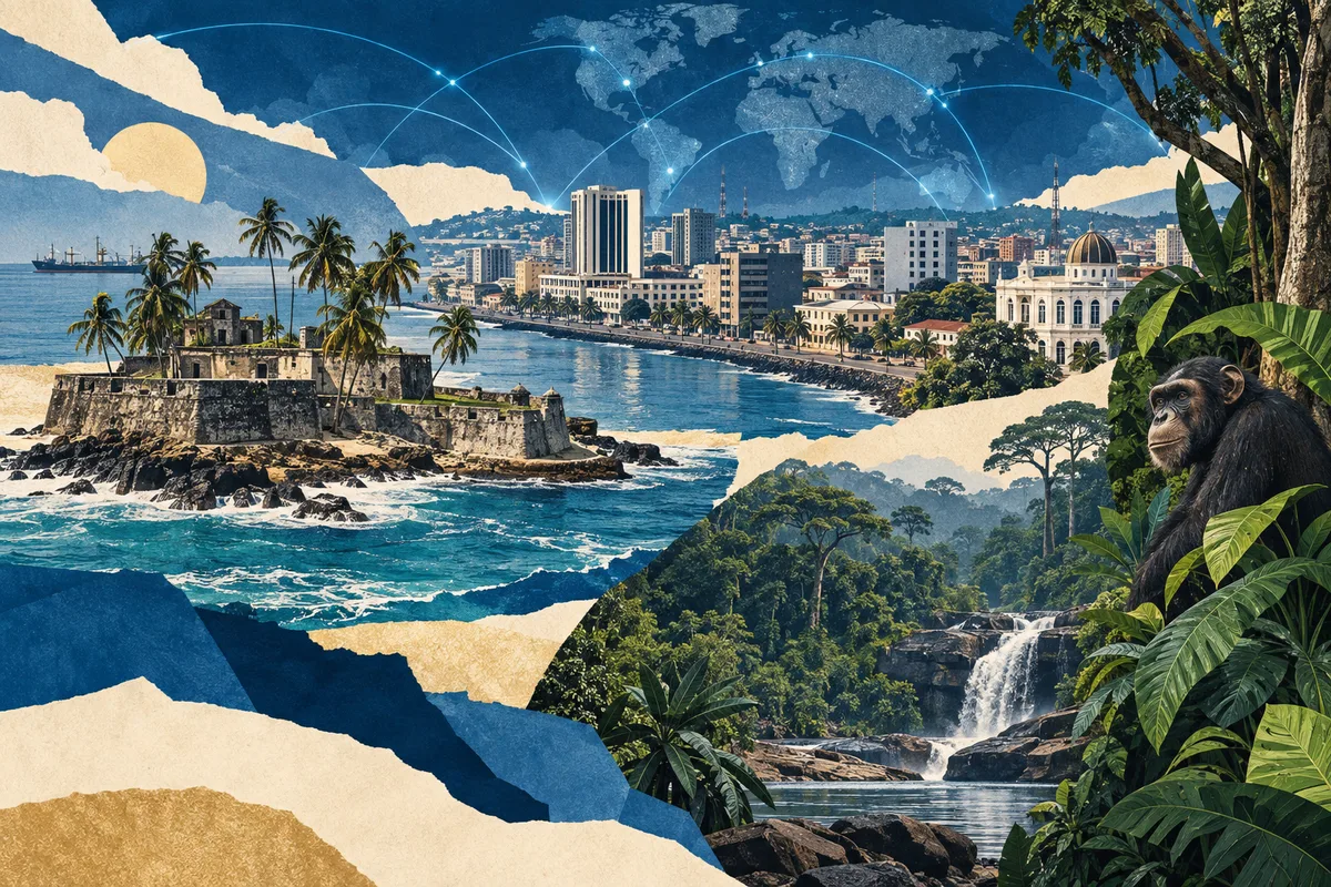 Collage ilustrado de Liberia, inspirado en Providence Island, Liberia, Monrovia, Sapo National Park.