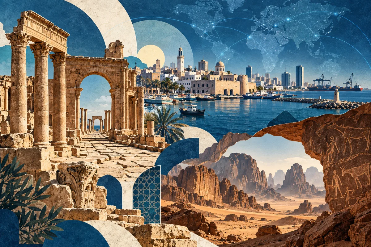 Collage ilustrado de Libia, inspirado en Leptis Magna, Tripoli, Acacus Mountains.
