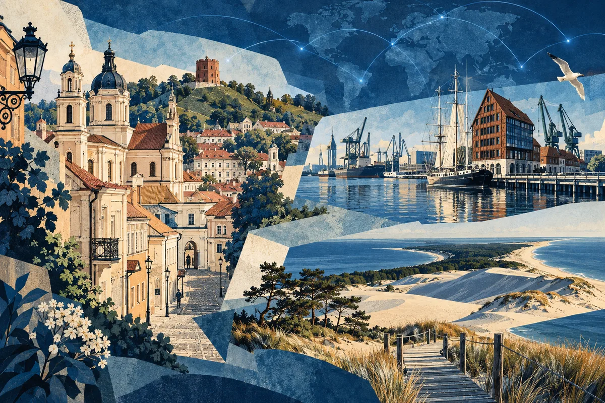 Collage ilustrado de Lituania, inspirado en Vilnius Old Town, Klaipėda, Curonian Spit.