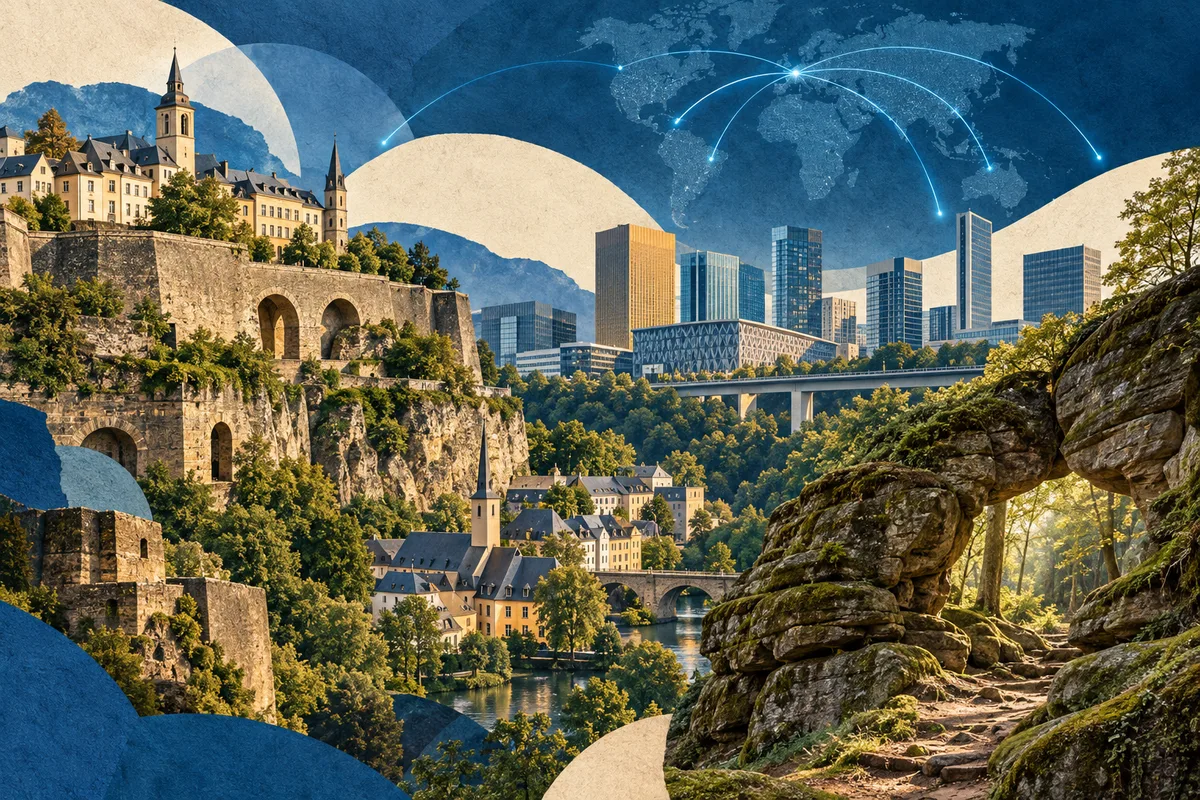 Collage ilustrado de Luxemburgo, inspirado en Bock (Luxembourg), Kirchberg, Luxembourg, Mullerthal.