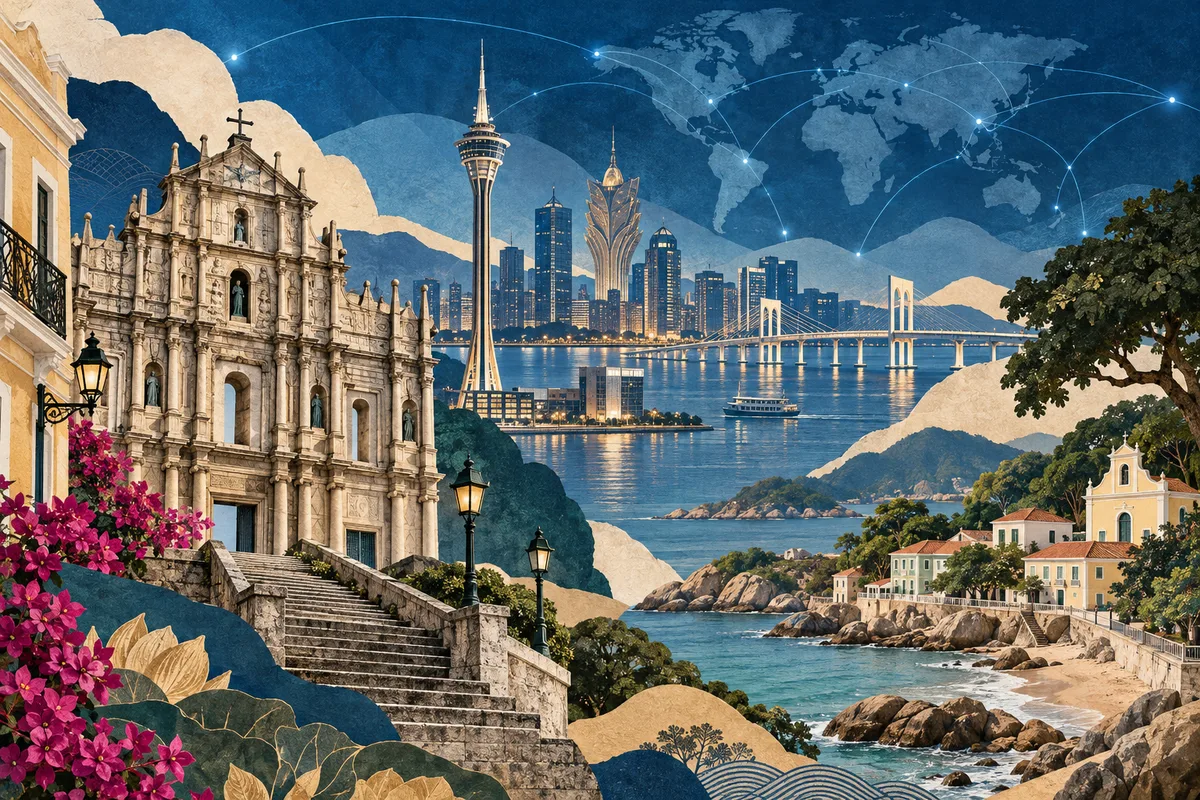 Collage ilustrado de RAE de Macao (China), inspirado en Ruins of Saint Paul's, Macau Tower, Coloane.