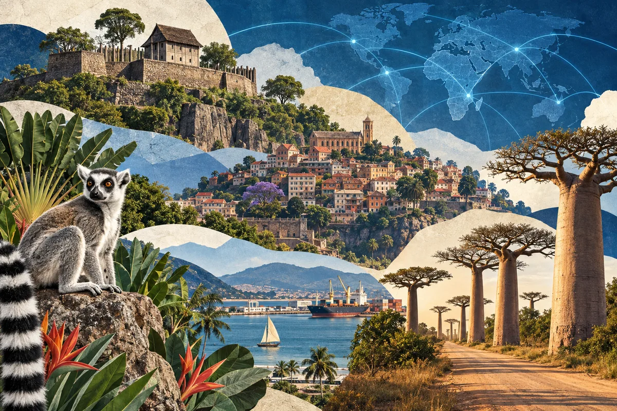 Collage ilustrado de Madagascar, inspirado en Royal Hill of Ambohimanga, Antananarivo, Avenue of the Baobabs.