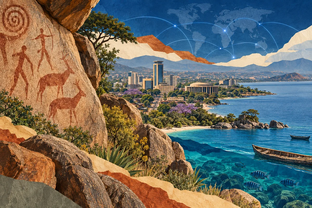 Collage ilustrado de Malaui, inspirado en Chongoni Rock Art Area, Lilongwe, Lake Malawi.