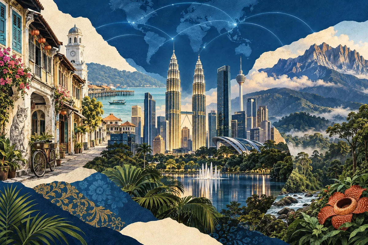 Collage ilustrado de Malasia, inspirado en George Town, Penang, Kuala Lumpur, Mount Kinabalu.