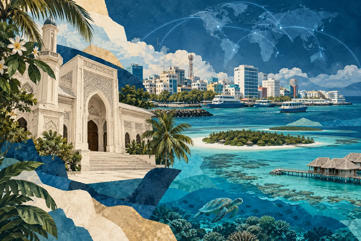 Collage ilustrado de Maldivas, inspirado en Malé Friday Mosque, Malé, Maldives.