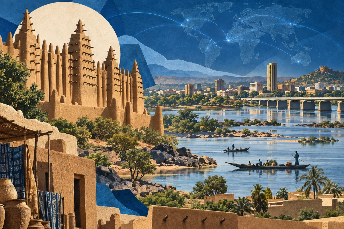 Collage ilustrado de Mali, inspirado en Great Mosque of Djenné, Bamako, Niger River.