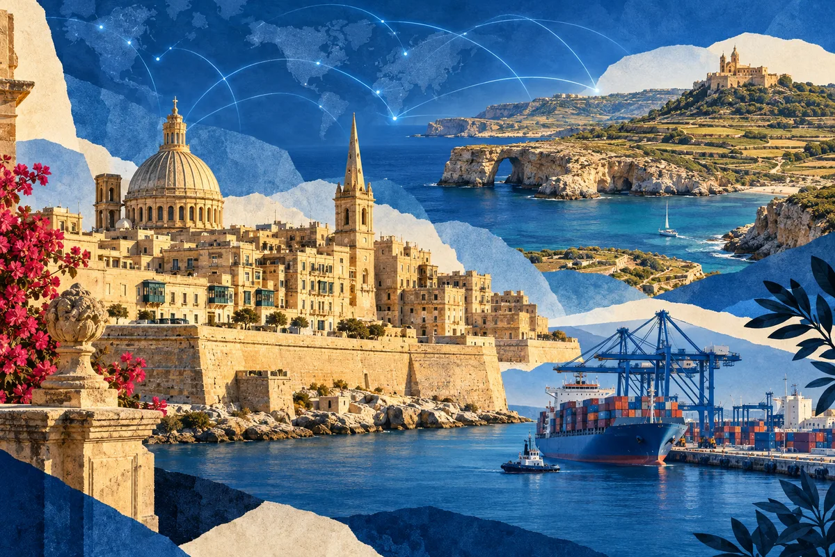 Collage ilustrado de Malta, inspirado en Valletta, Malta Freeport, Gozo.