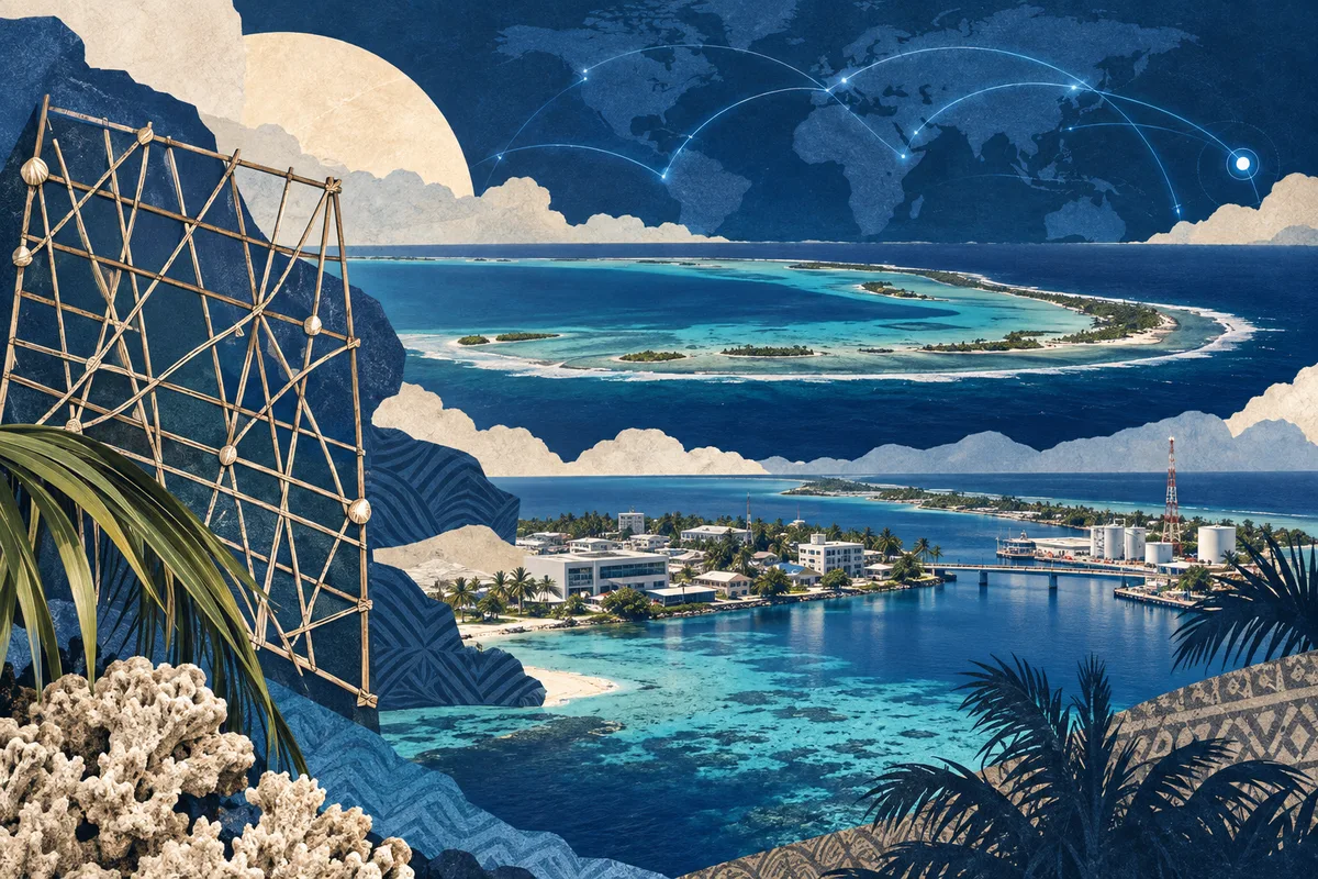 मार्शल द्वीपसमूह का सचित्र कोलाज, Marshall Islands stick chart, Majuro, Bikini Atoll से प्रेरित।