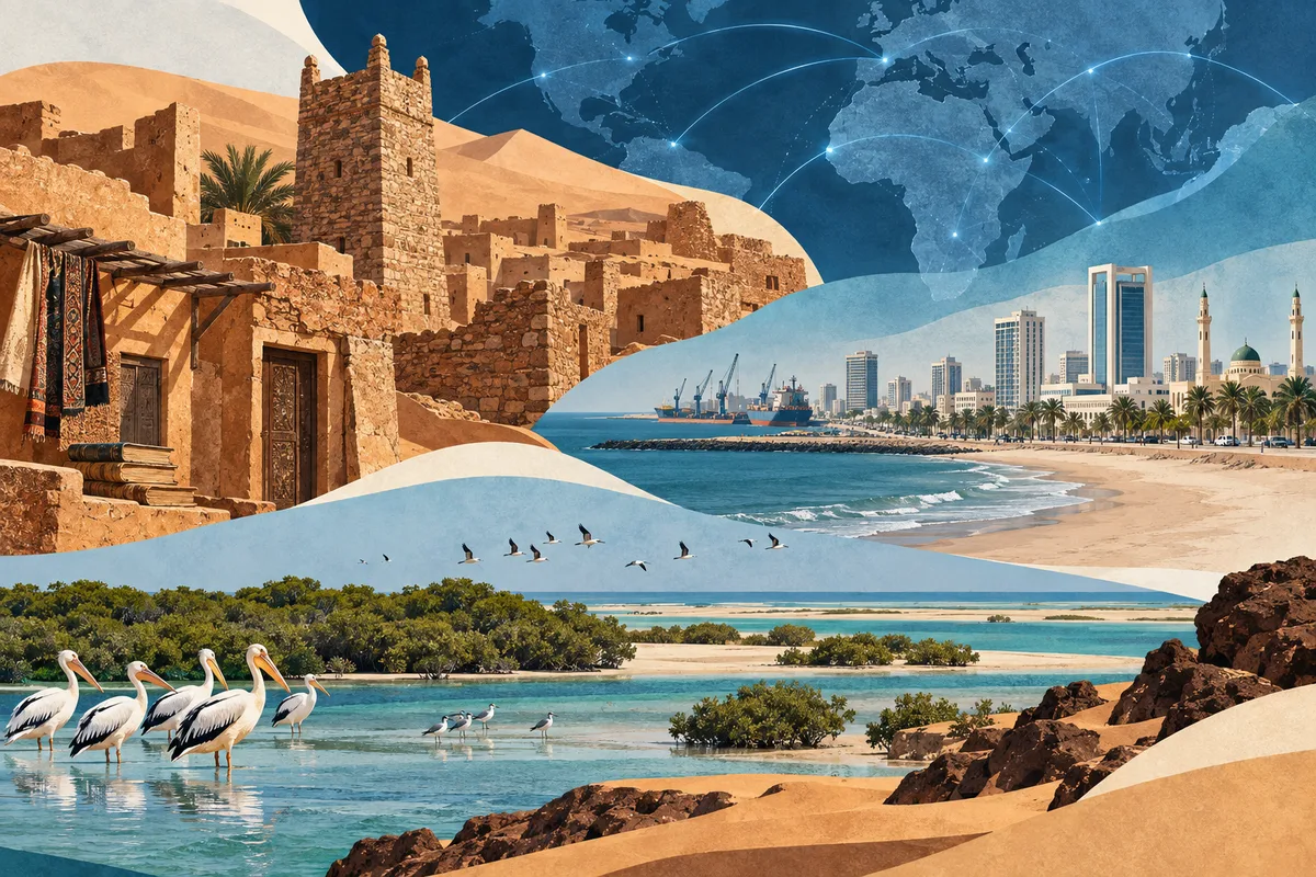 Collage ilustrado de Mauritania, inspirado en Chinguetti, Nouakchott, Banc d'Arguin National Park.