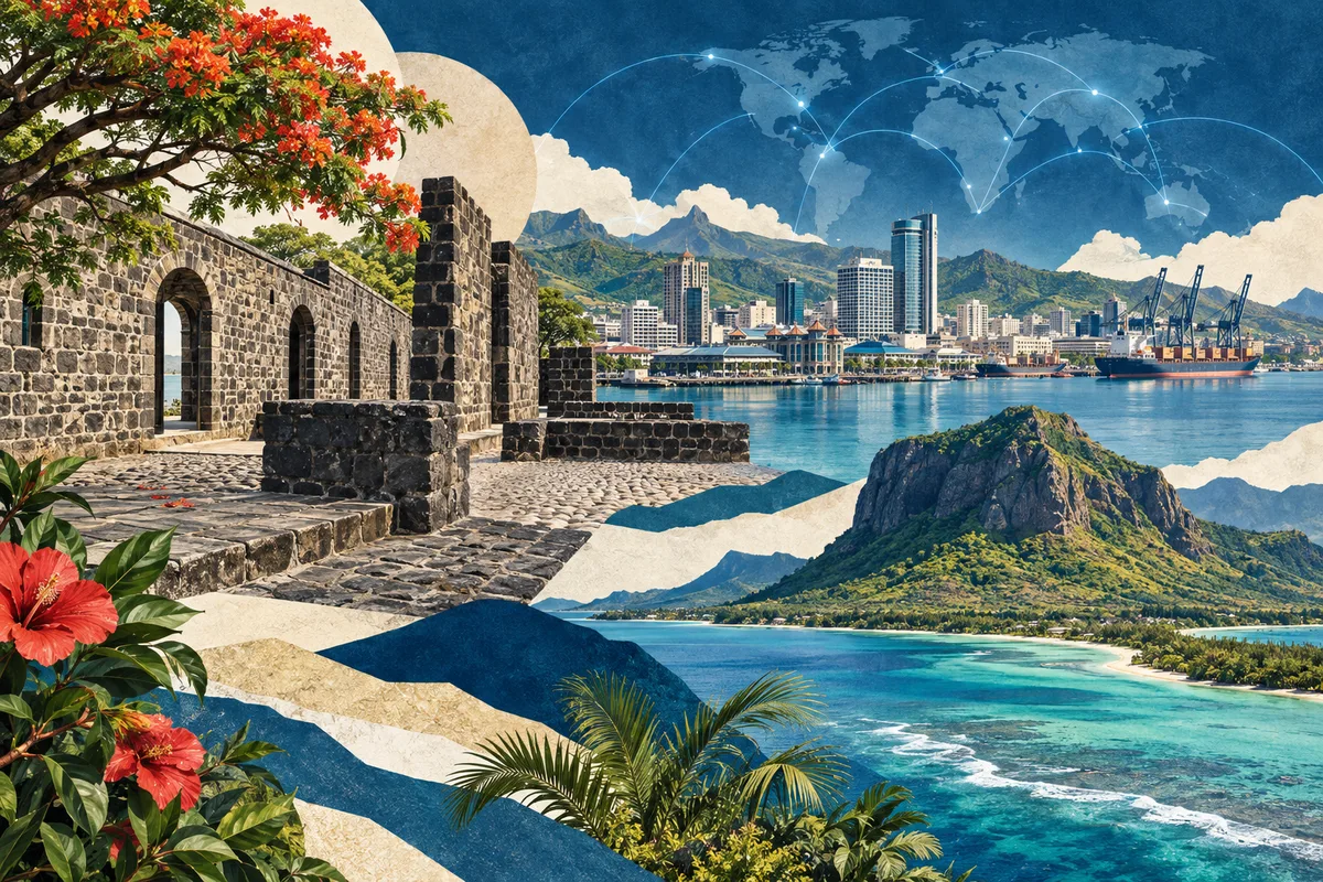 Collage ilustrado de Mauricio, inspirado en Aapravasi Ghat, Port Louis, Le Morne Brabant.