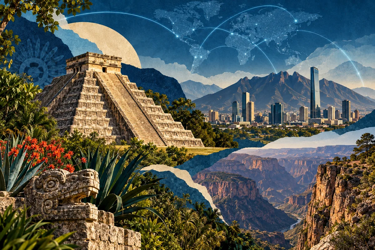 Collage ilustrado de México, inspirado en Chichen Itza, Monterrey, Copper Canyon.