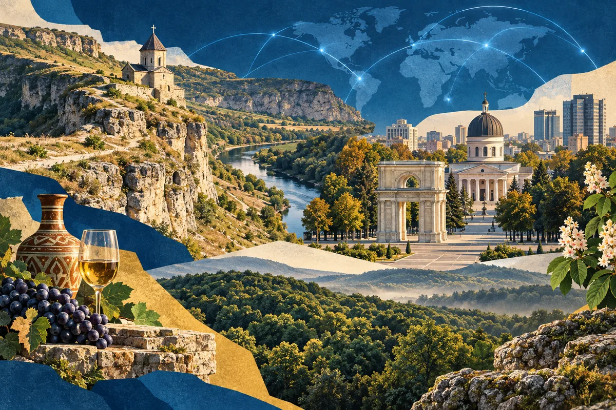 Collage ilustrado de Moldavia, inspirado en Old Orhei, Chișinău, Codri.