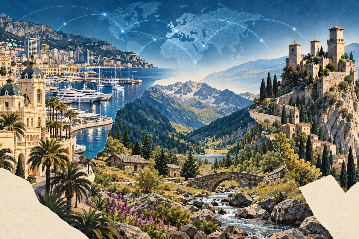 Collage ilustrado de Mónaco, Andorra y San Marino, inspirado en Three Towers of San Marino, Monte Carlo, Madriu-Perafita-Claror Valley.
