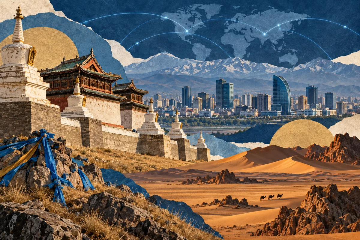 Collage ilustrado de Mongolia, inspirado en Erdene Zuu Monastery, Ulaanbaatar, Gobi Desert.