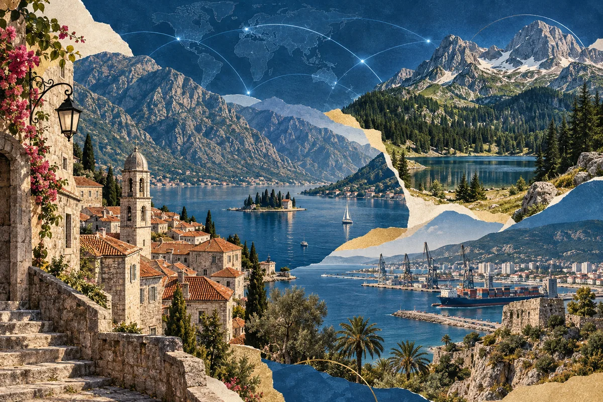 Collage ilustrado de Montenegro, inspirado en Kotor, Bar, Montenegro, Durmitor.