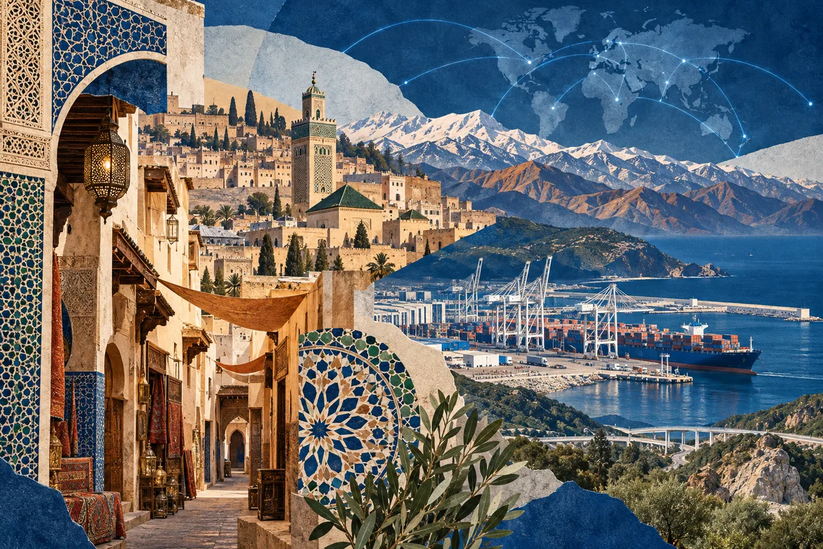 Collage ilustrado de Marruecos, inspirado en Fez, Morocco, Tanger-Med, Atlas Mountains.
