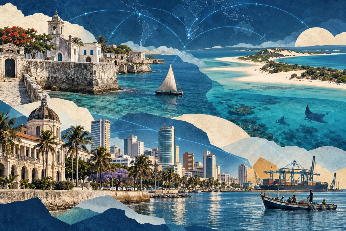 Collage ilustrado de Mozambique, inspirado en Island of Mozambique, Maputo, Bazaruto Archipelago.