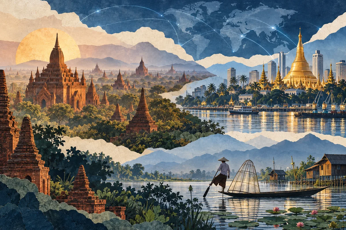 Collage ilustrado de Myanmar (Birmania), inspirado en Bagan, Yangon, Inle Lake.
