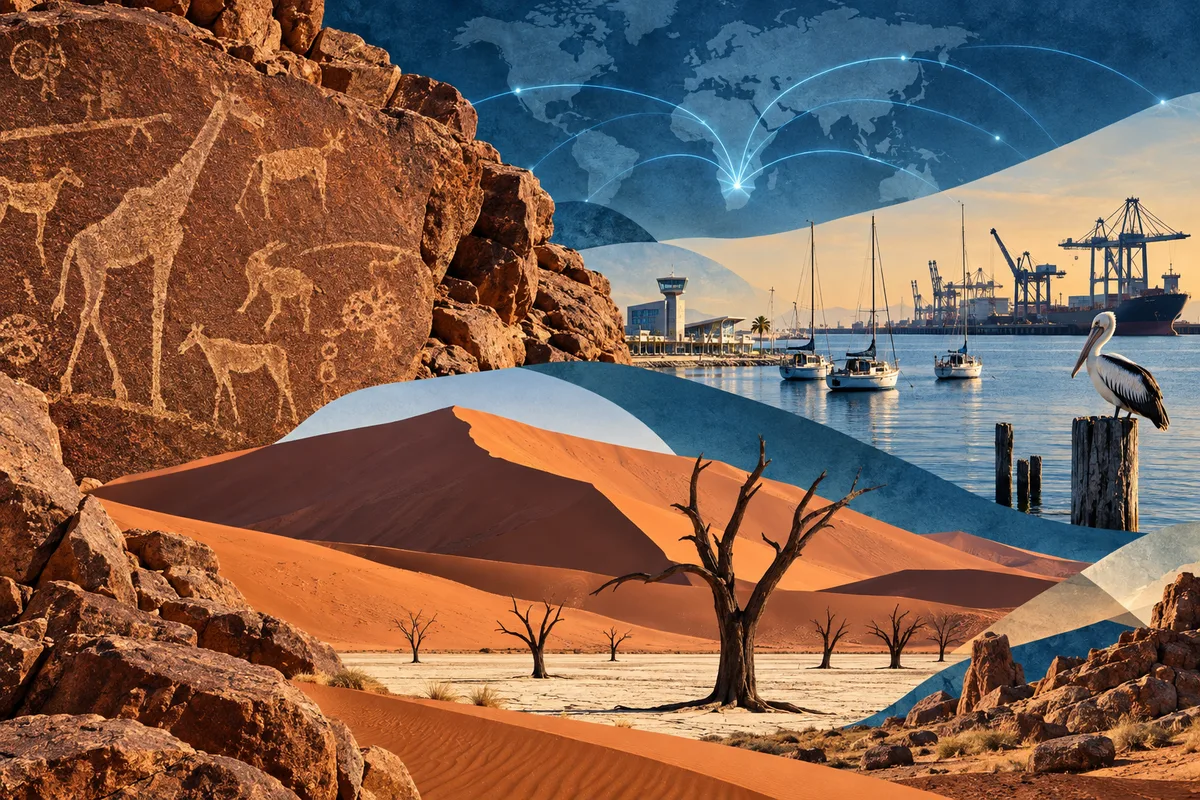 Collage ilustrado de Namibia, inspirado en Twyfelfontein, Walvis Bay, Sossusvlei.